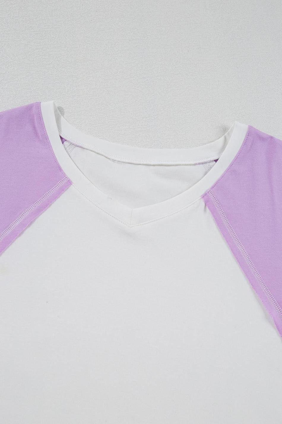 Beige Colorblock Patchwork V Neck Exposed Seam High Low T Shirt | Women T Shirts