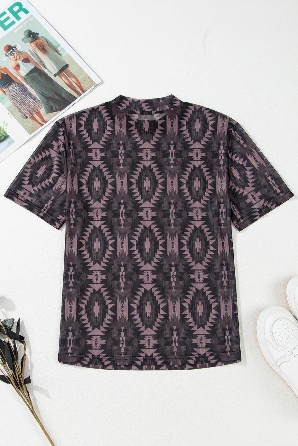 Brown Geometric Print Mock Neck Short Sleeve Mesh T Shirt | Women T Shirts