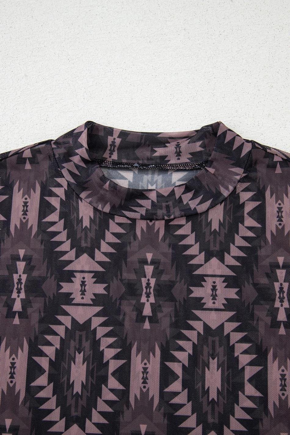 Brown Geometric Print Mock Neck Short Sleeve Mesh T Shirt | Women T Shirts