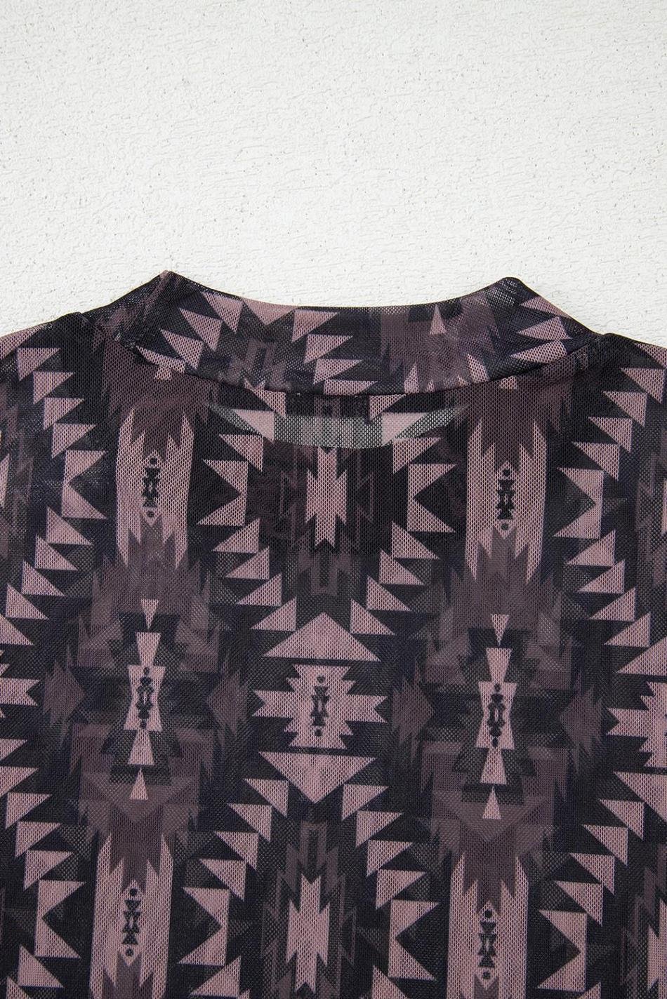 Brown Geometric Print Mock Neck Short Sleeve Mesh T Shirt | Women T Shirts
